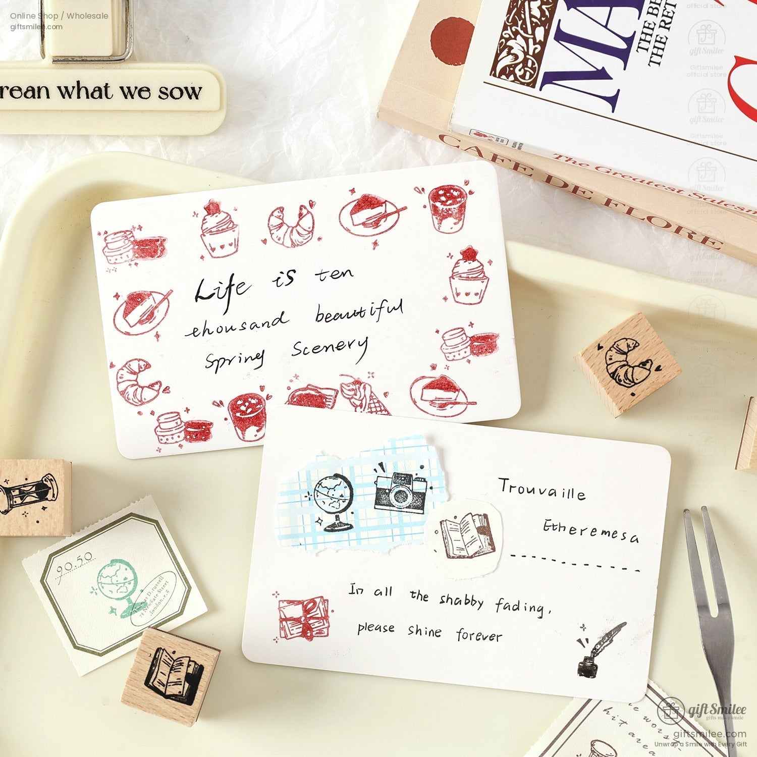 Stamped journaling cards decorated with retro wooden stamps of daily life icons, ideal for creative scrapbooking