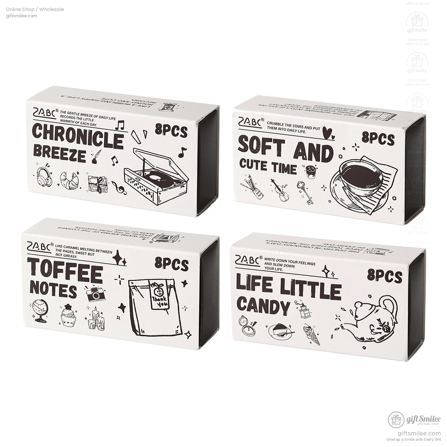 Four varieties of retro wooden stamp sets, each featuring unique daily life illustrations, perfect for DIY enthusiasts