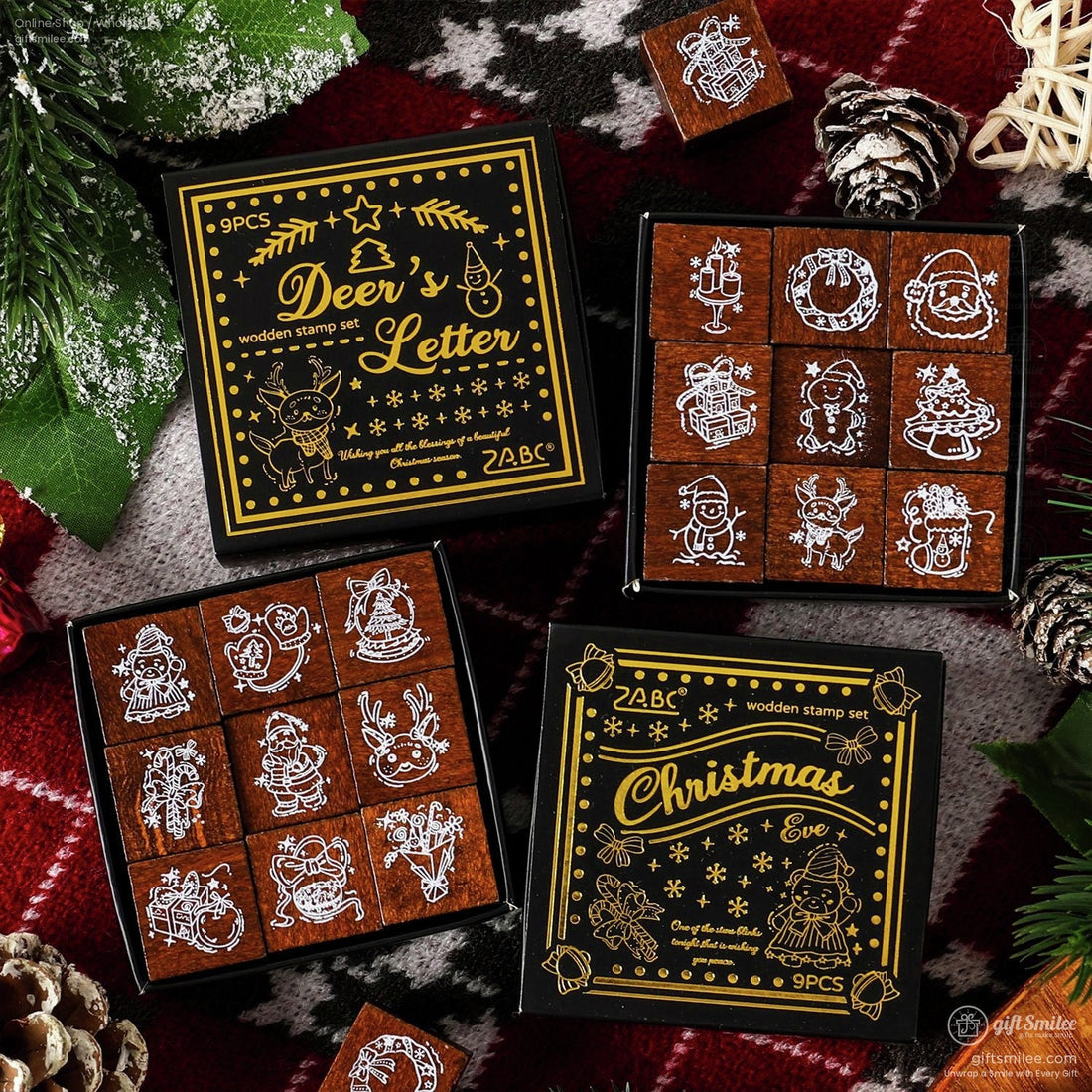 Wooden Christmas stamp set with 9 festive designs and black and gold packaging