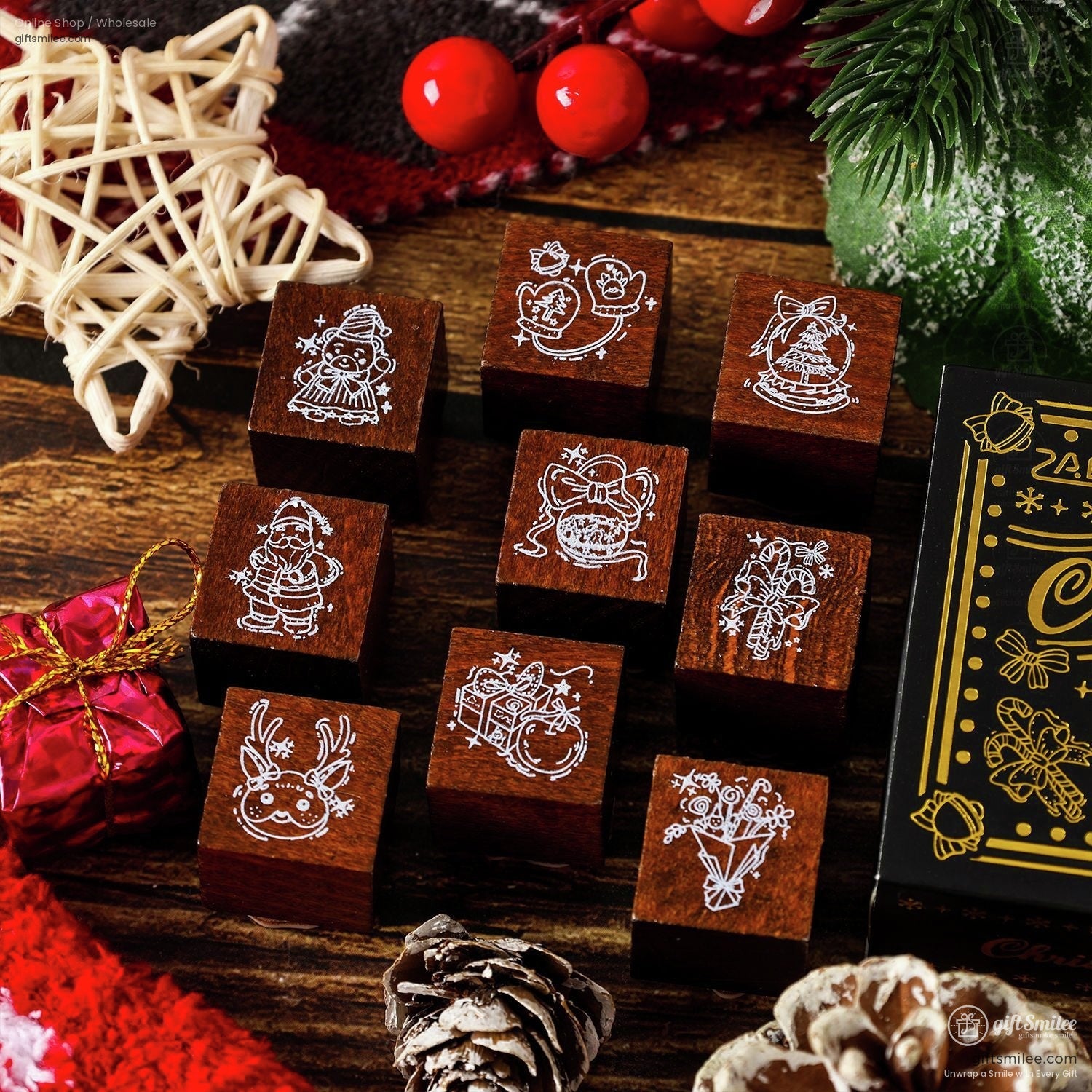 Rustic wooden stamps featuring reindeer, Santa, and Christmas-themed patterns