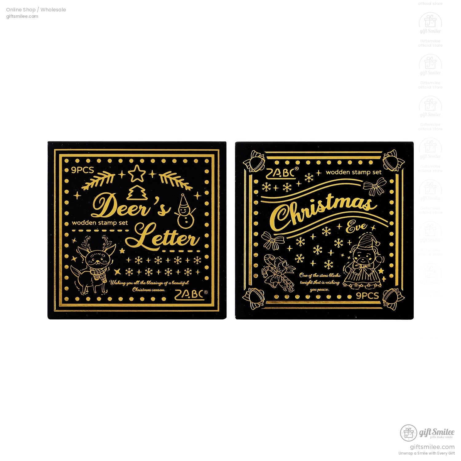 Side-by-side view of Deer’s Letter and Christmas Eve stamp sets in elegant packaging